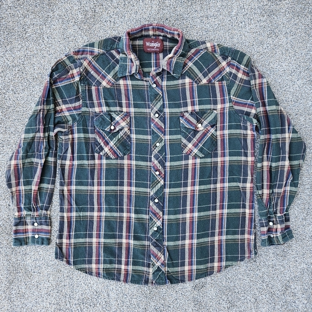 Wrangler Pearl Snap Shirt Brushpopper Flannel Plaid Blue Green Pocket Vintage XL